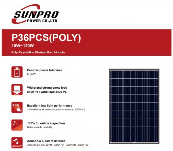 פאנל סולארי SunproPower 100W 36P