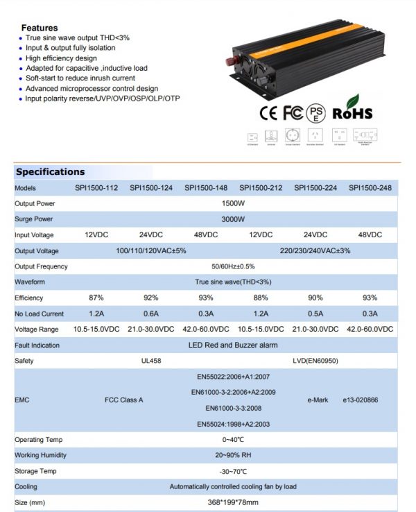ממיר מתח 1500W 12V סינוס טהור COSUPER SPI