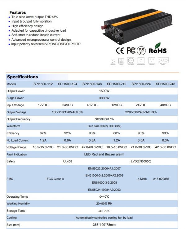 ממיר מתח 1500W 12V סינוס טהור COSUPER SPI