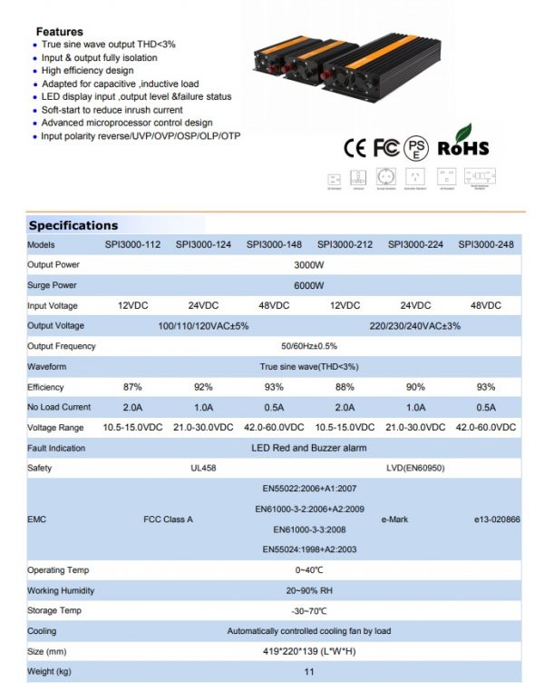 ממיר מתח 3000W 12V סינוס טהור COSUPER SPI