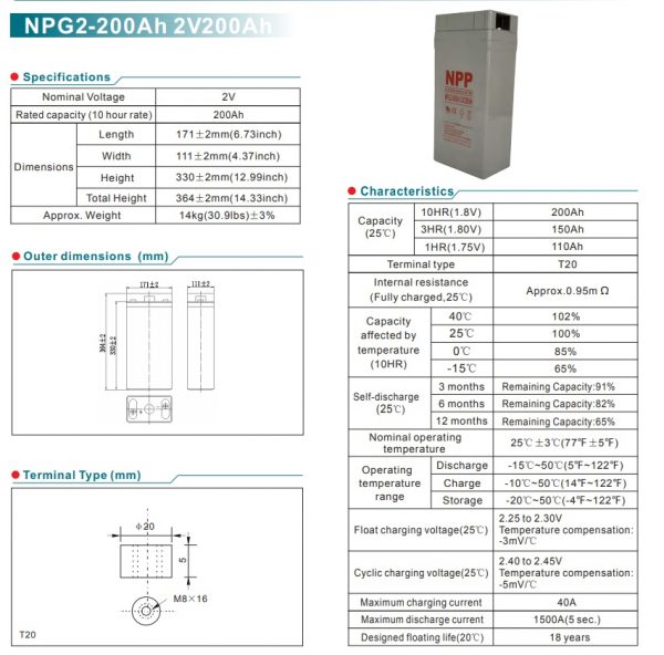 מצבר תא בודד ג'ל NPP 2V 200AH