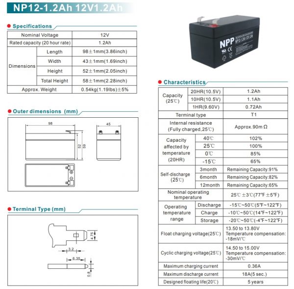 מצבר אטום NPP 12V 1.2AH