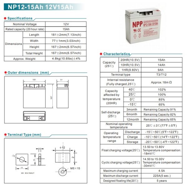 מצבר אטום NPP 12V 15AH