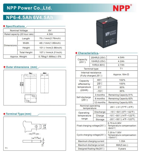 מצבר אטום NPP 6V 4.5AH