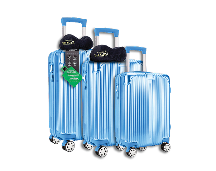 סט 3 מזוודות קשיחות PC בגדלים 20, 24 ו-28 אינצ' + 2 כריות טיסה ומשקל מזוודת ב 3 צבעים לבחירה