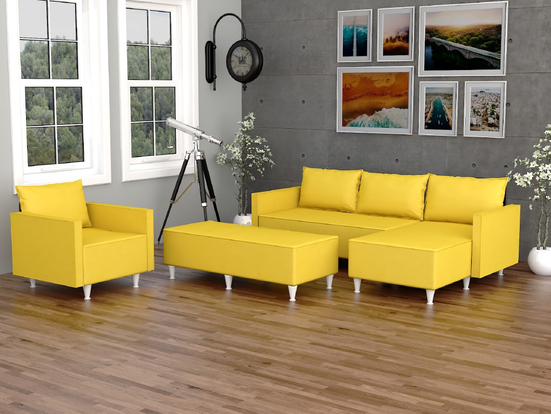סלון פינתי מודולארי כולל ספה תלת מושבית וספה דו-מושבית צידית (שזלונג) + הדום שזלונג ענק נוסף + כורסת יחיד תואמת - צבע - חרדל